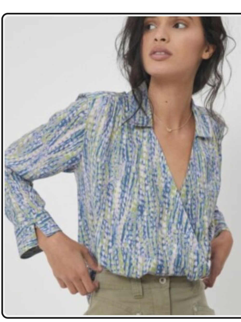 NWT Anthropologie Pilcro Tisha Surplice Long Sleeve Blue Motif Combo Top  Sz M